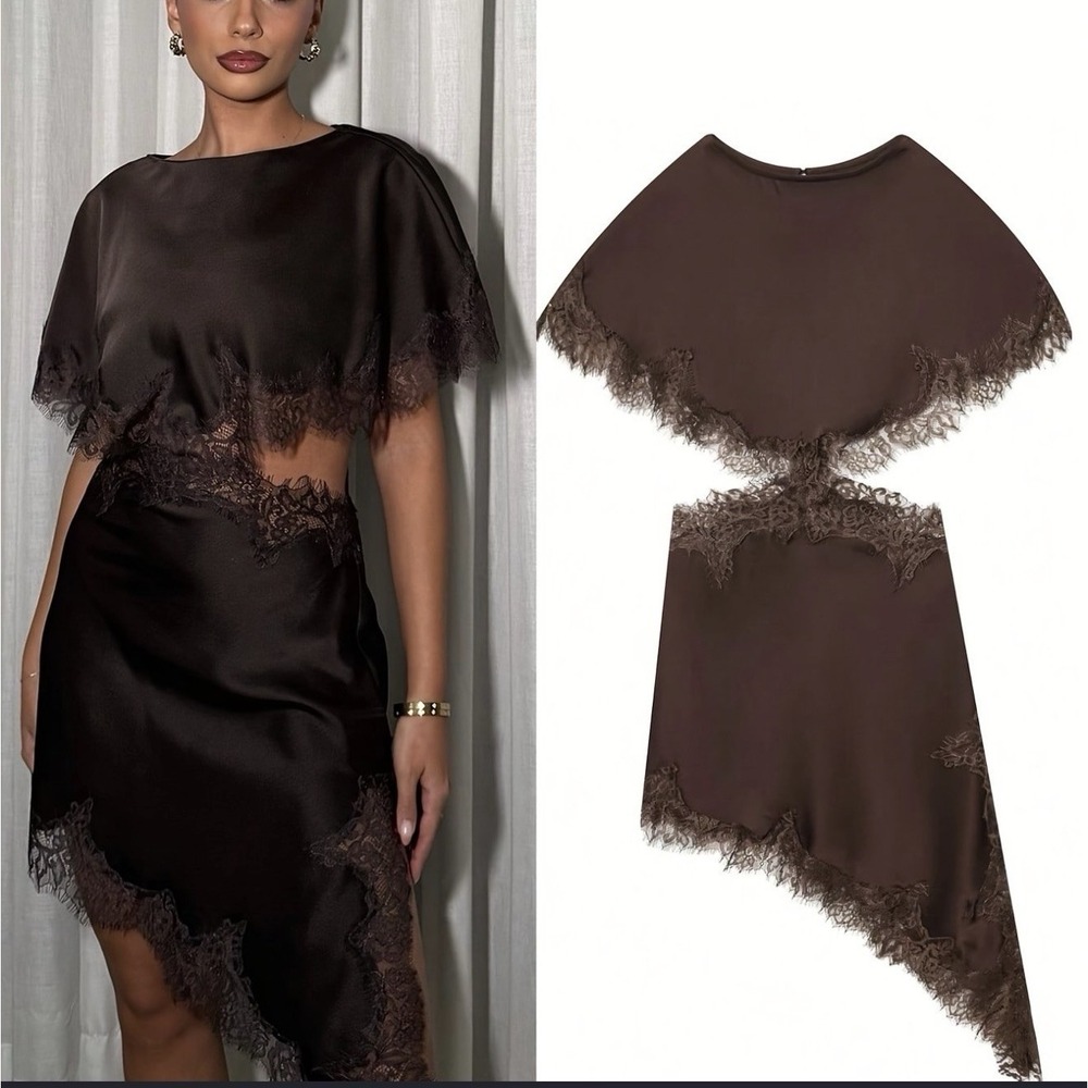 ZARA ZW COLLECTION ASYMMETRIC SATIN EFFECT LACE DRESS CUT OUT BROWN RUNWAY - Lg